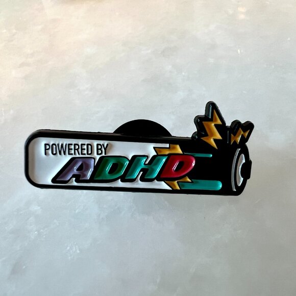 🧷🪫POWERED BY ADHD - Enamel Pin - Battery Shape on Black Backing - Picture 2 of 4